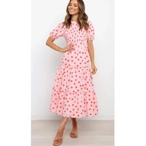 Petal & Pup Pink Tiered Polka Dot Midi Dress Smocking Feminine Flattering US 8